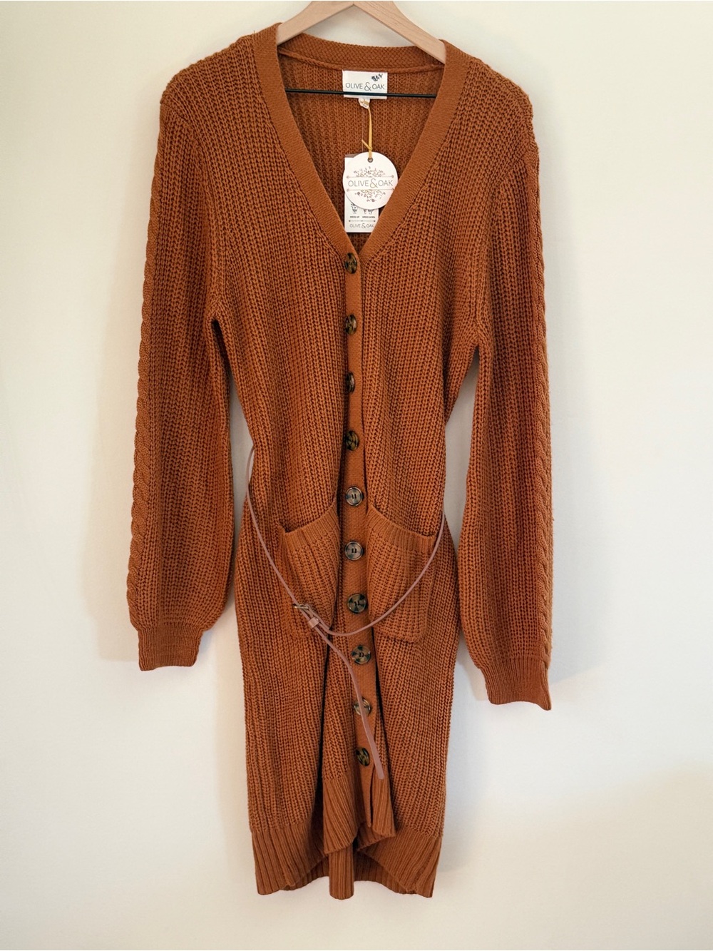 Olive & Oak Spicy Maple Chunky Knit Cardigan Sweater Dress Belted Size Large
